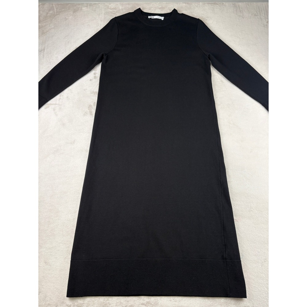 Zara Womens Black Knit Long Sleeve Crew Neck Midi Dress Size Small Minimalist